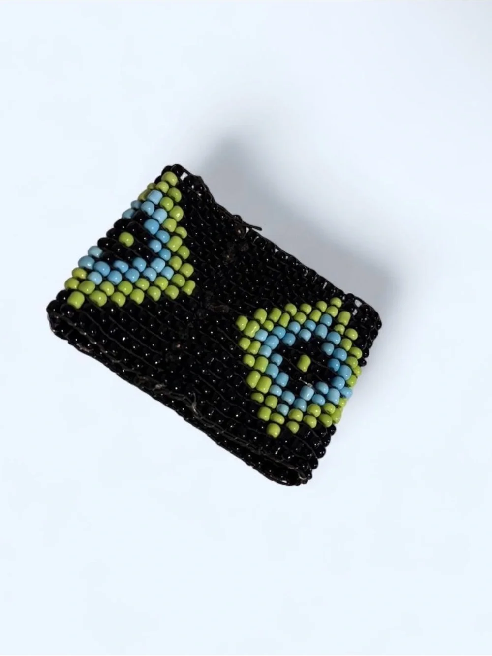 Vintage Black Blue & Green Glass Seed Bead Cuff Bracelet, Eye Design